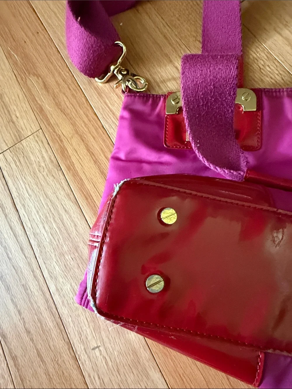 Tory Burch Fuchsia Nylon Tote with Red Patent Trim